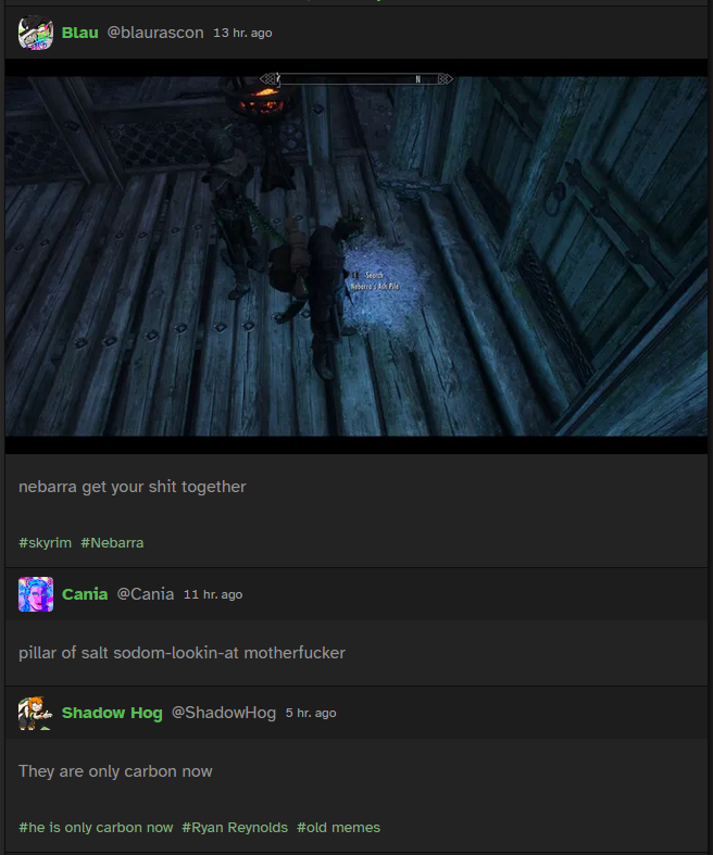 Screenshot of a Cohost thread. First post: Blau shares a Skyrim screenshot showing the player immediately outside Dragonsreach. Nebarra is a pile of ash. Post reads: nebarra get your shit together. Cania replies pillar of salt sodom-lookin-at motherfucker. Shadow Hog replies They are only carbon now